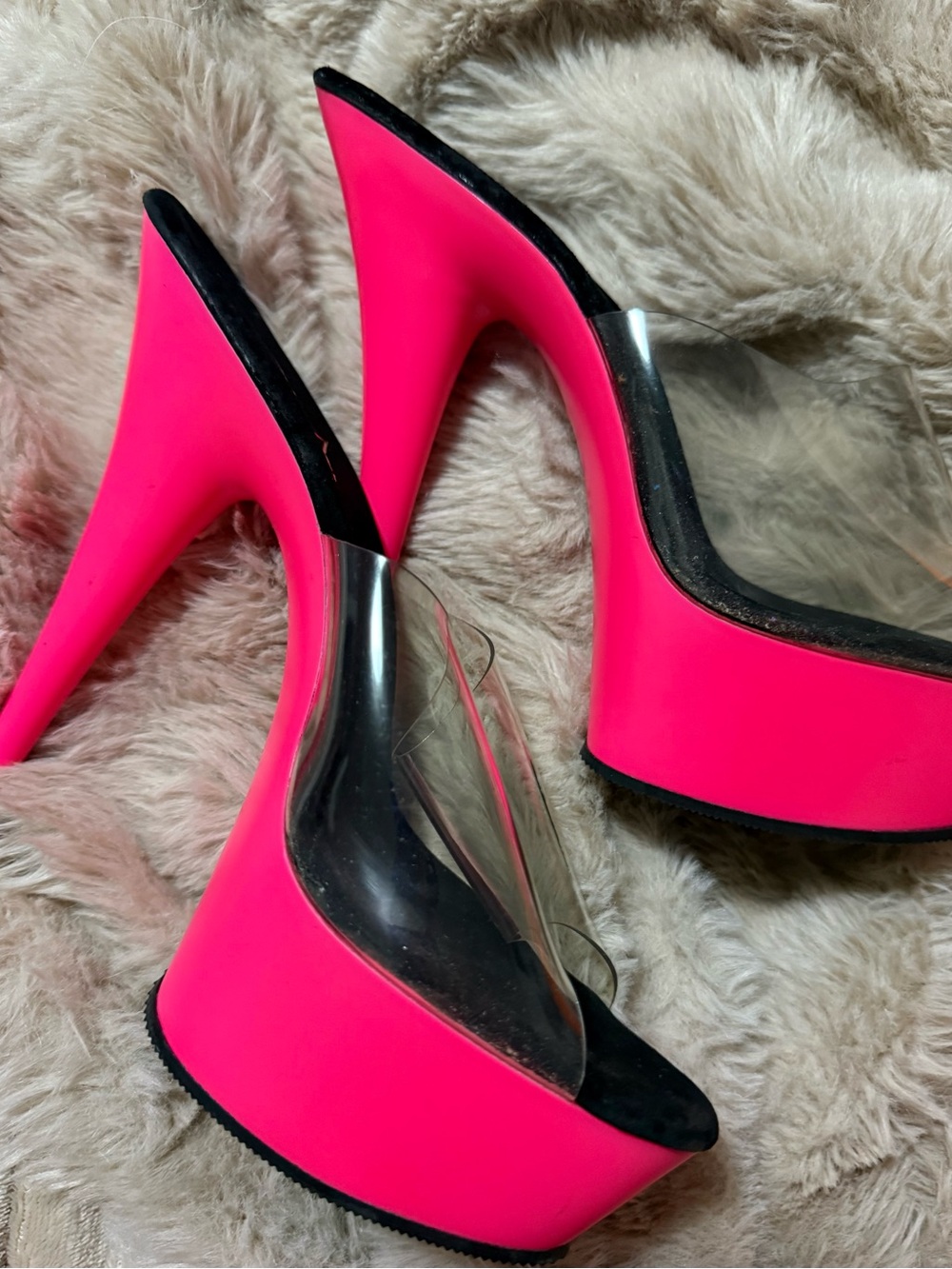 Pleaser Neon Pink Platform Heels with Clear Panels
